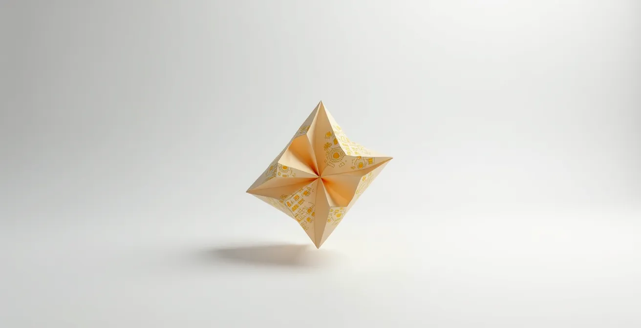 Minimalistische Darstellung eines gefalteten Flex-PCB in einem cleanen Umfeld