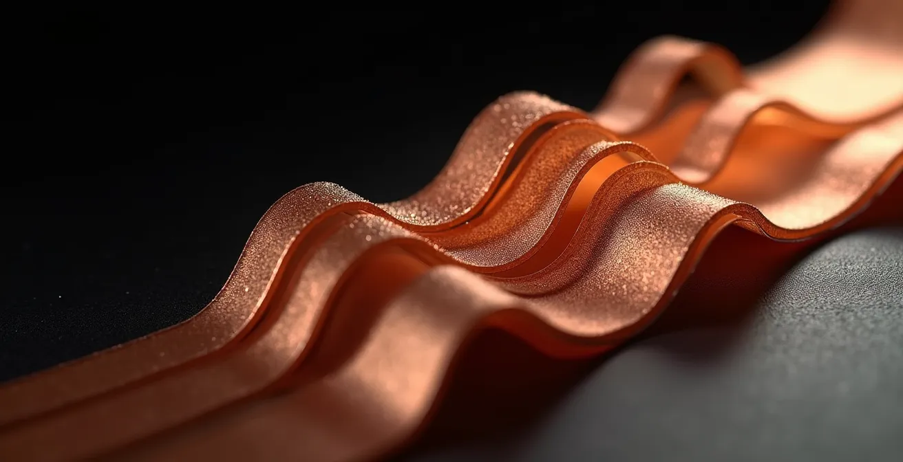 Makroaufnahme von gefalteten Polyimid-Schichten mit Kupferbahnen