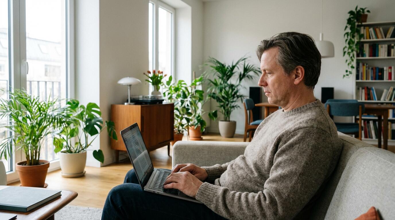 Person recherchiert Immobilienpreise am Laptop in modernem Wohnzimmer