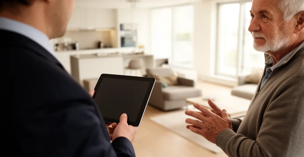 Agent immobilier évaluant un appartement moderne avec propriétaire