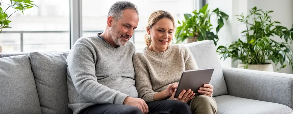Couple consultant une estimation immobilière sur tablette dans leur salon