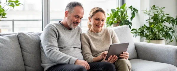 Couple consultant une estimation immobilière sur tablette dans leur salon