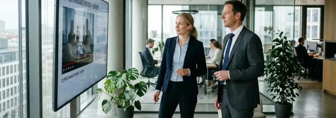 Enterprise-Videoplattform: Zwei Fachleute betrachten Videobearbeitungsoberfläche im modernen Büro