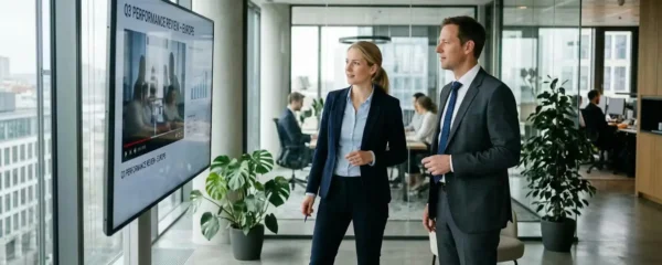 Enterprise-Videoplattform: Zwei Fachleute betrachten Videobearbeitungsoberfläche im modernen Büro