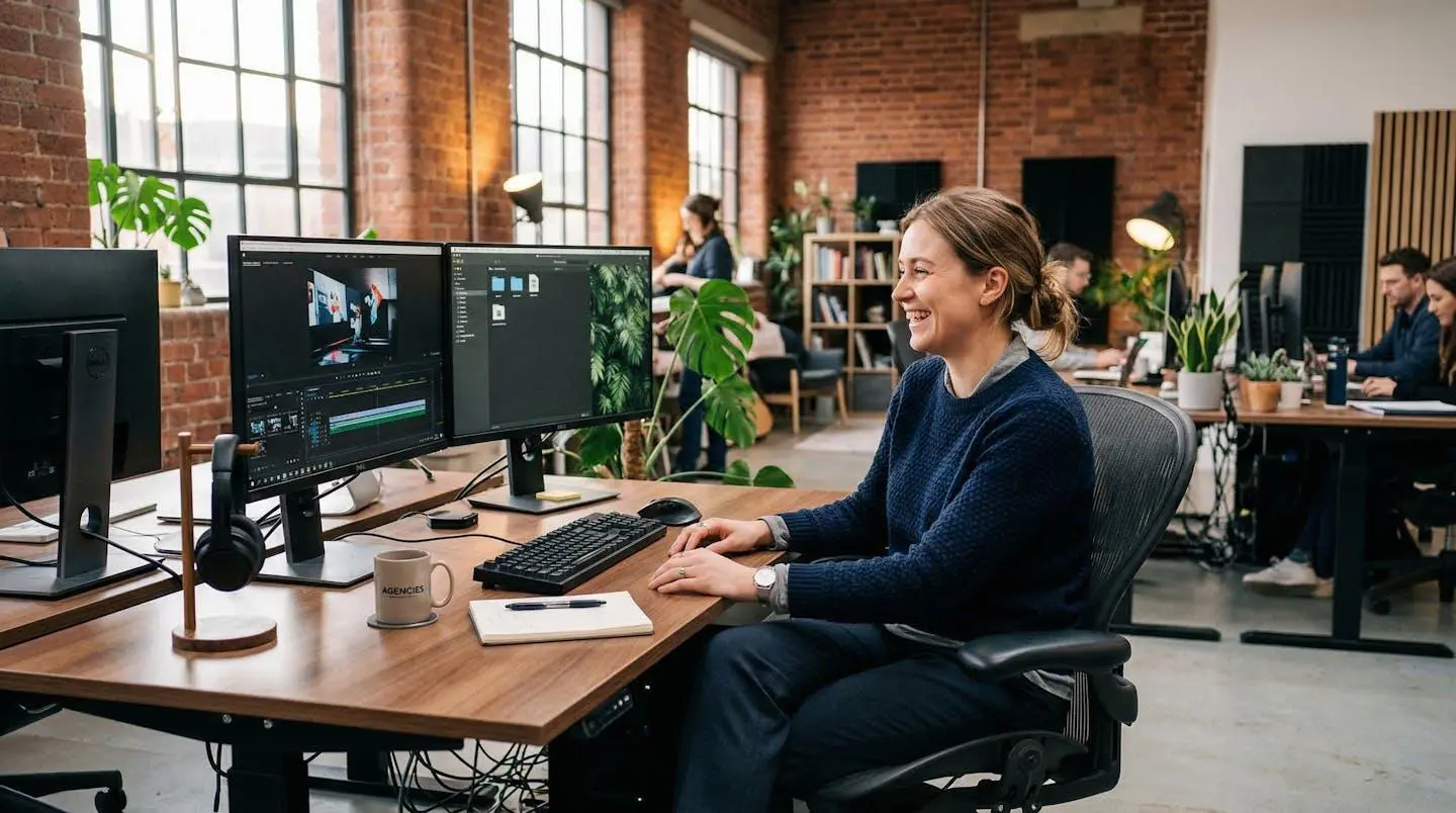 Content Creator überprüft Video-Vorschau am modernen Arbeitsplatz mit Doppelbildschirm