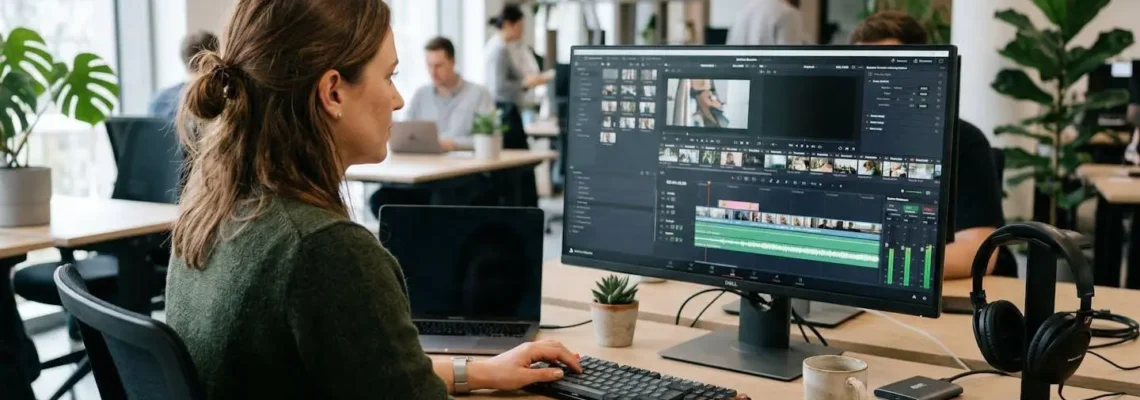 Content-Spezialistin arbeitet an Video-Timeline zur Qualitätssicherung beim Zusammenführen