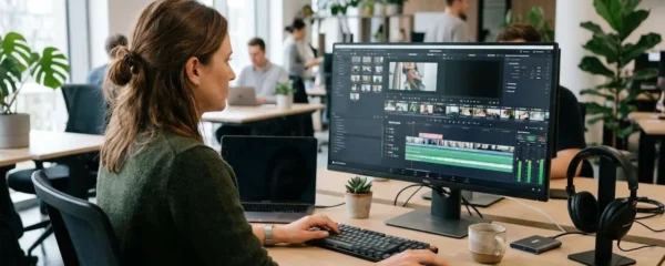 Content-Spezialistin arbeitet an Video-Timeline zur Qualitätssicherung beim Zusammenführen