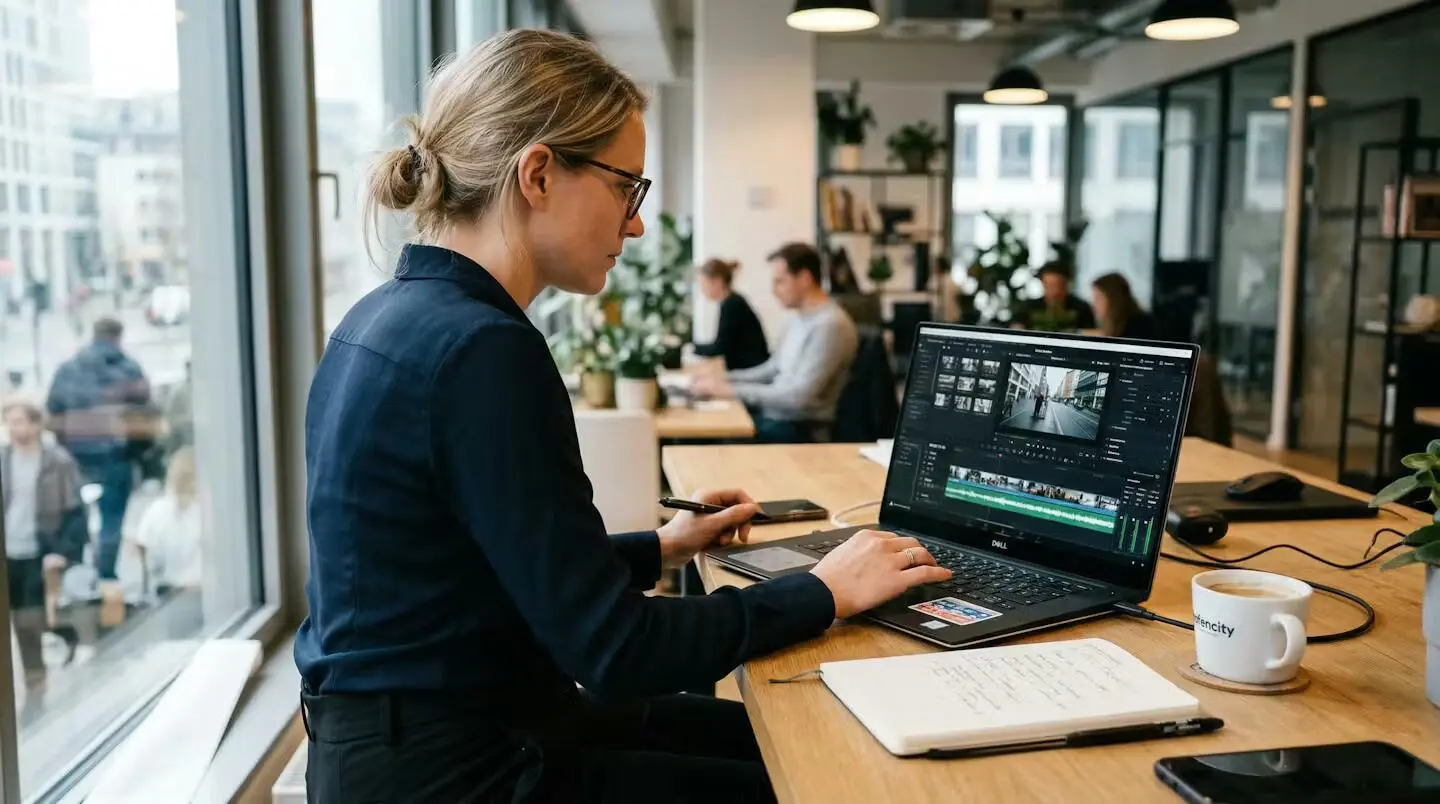 Skalierbare Videoproduktion: Geschäftsfrau arbeitet selbstständig an Laptop mit Videobearbeitung