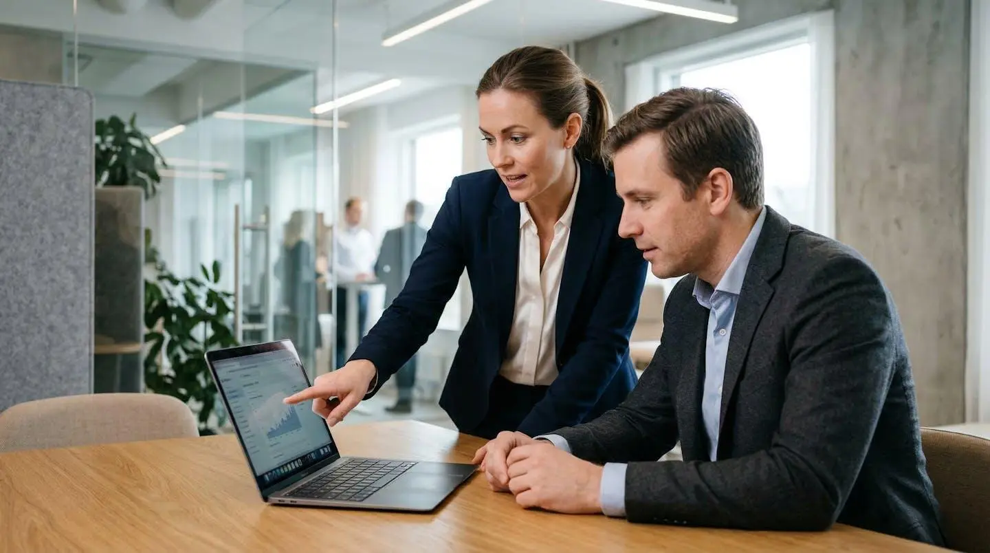 Zwei Kollegen besprechen gemeinsam ein Videoprojekt am Laptop für einheitliche Qualitätsstandards