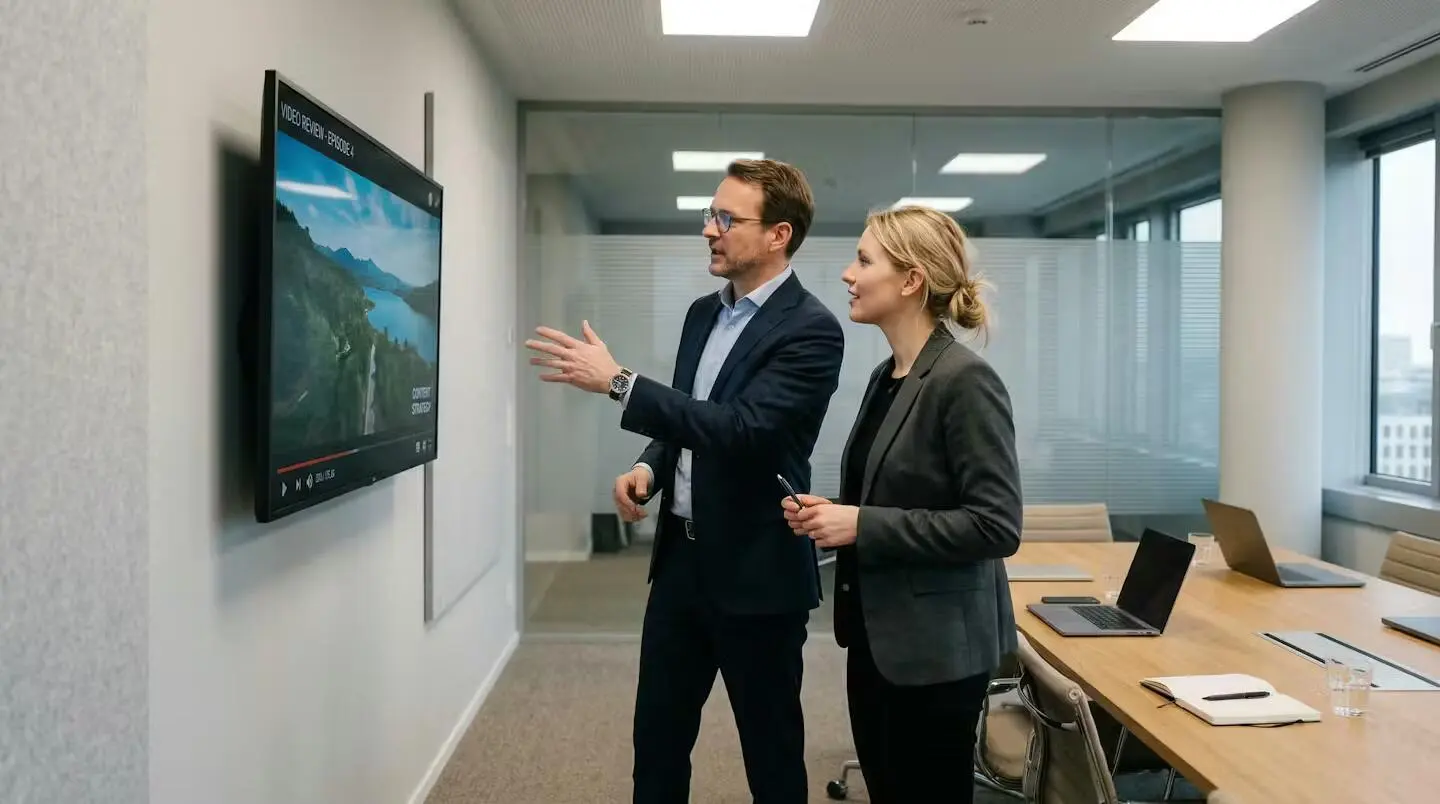 Freigabe-Workflow: Zwei Kollegen besprechen Videocontent auf Bildschirm im Meetingraum